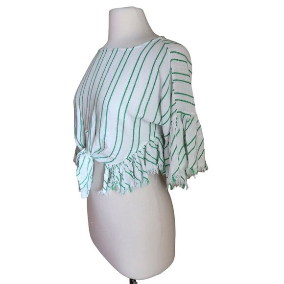 Olivaceous Women Size M Cropped‎ Top Tie Front Stripe Fringe Boho Bell Sleeves - Picture 13 of 13